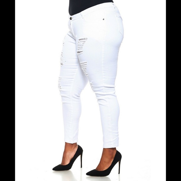 NEW WHITE Plus Size Distressed Ripped Denim Jeans - Picture 3 of 3